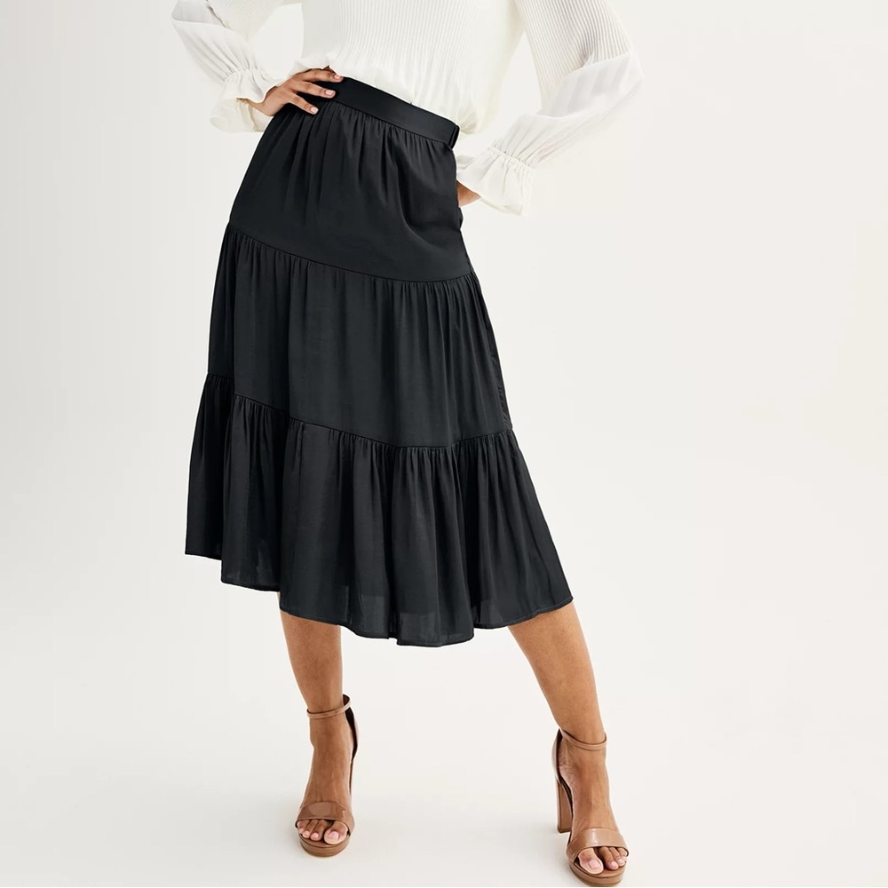 Nine West Tiered Black Midi‎ Skirt Size XS